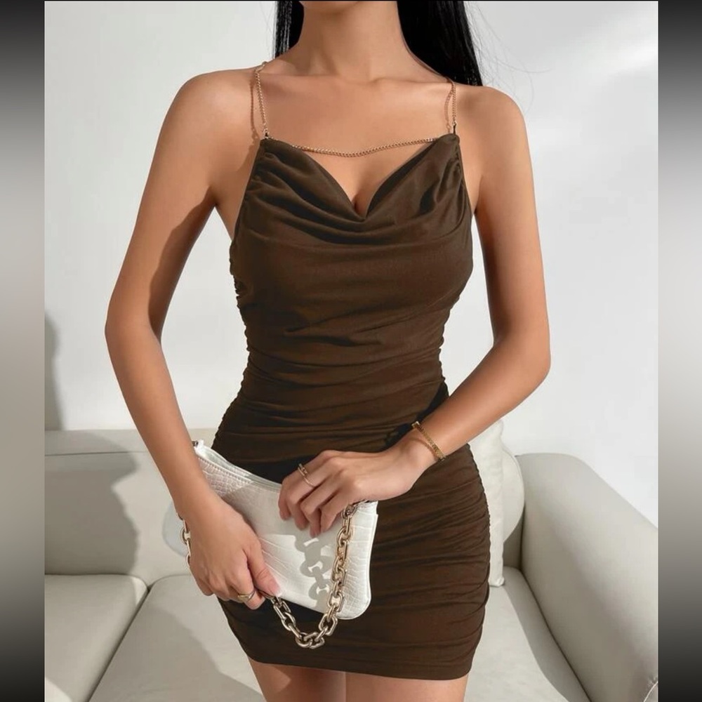 Chain detain brown night out mini dress